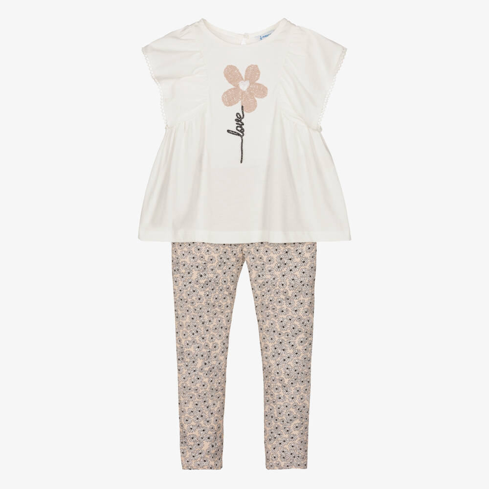 Mayoral-Ivory & Beige Floral Cotton Leggings Set | Childrensalon Outlet