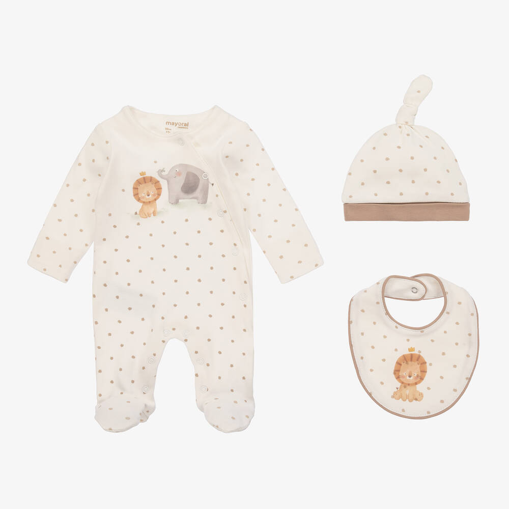 Mayoral - Ivory & Beige Spot Cotton Babygrow Set | Childrensalon
