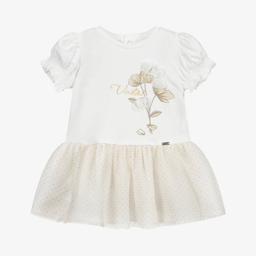 Mayoral-فستان مزيج قطن و تول لون عاجي و بيج | Childrensalon Outlet