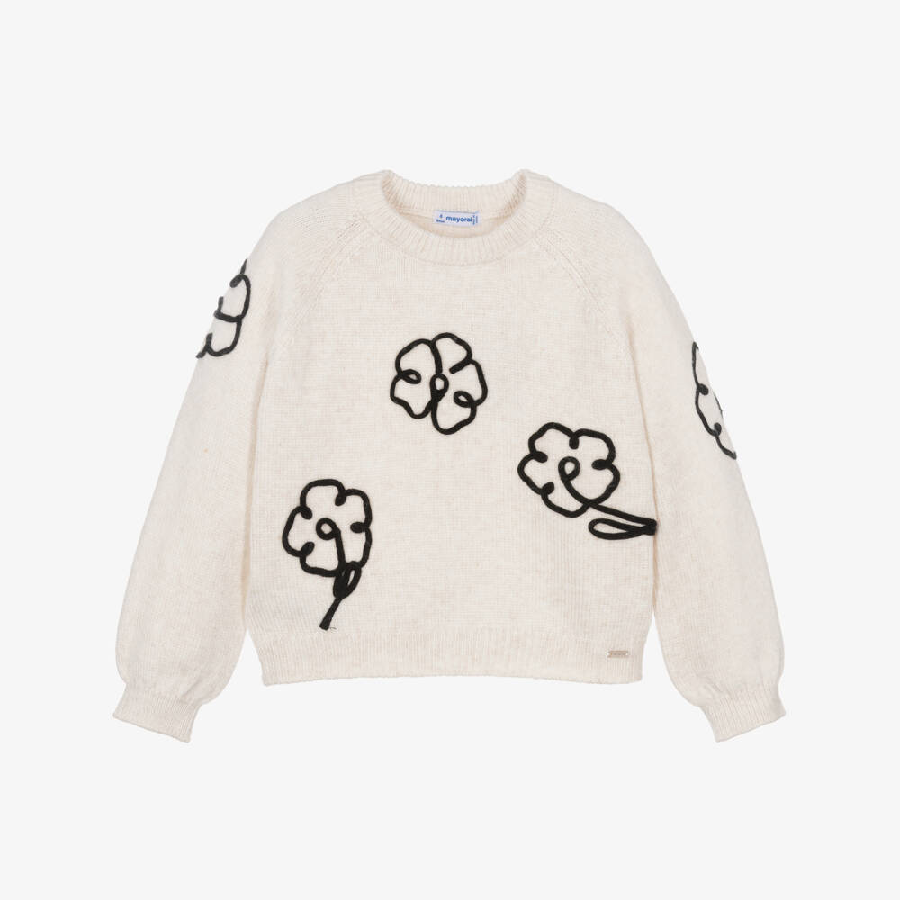Mayoral-Ivory & Black Flower Knitted Sweater | Childrensalon Outlet