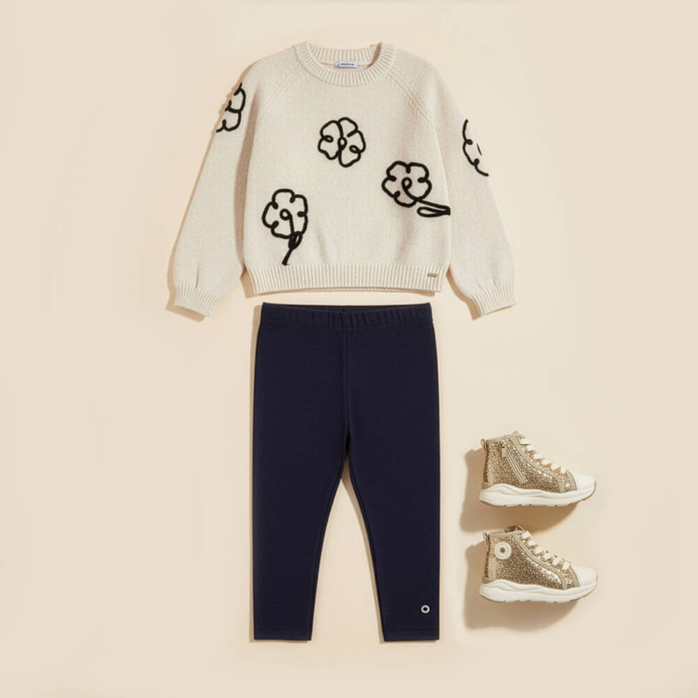Mayoral-Ivory & Black Flower Knitted Sweater | Childrensalon Outlet