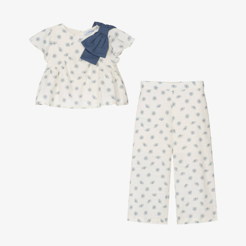 Mayoral-Ivory Blue Embroidered Flower Trouser Set | Childrensalon Outlet