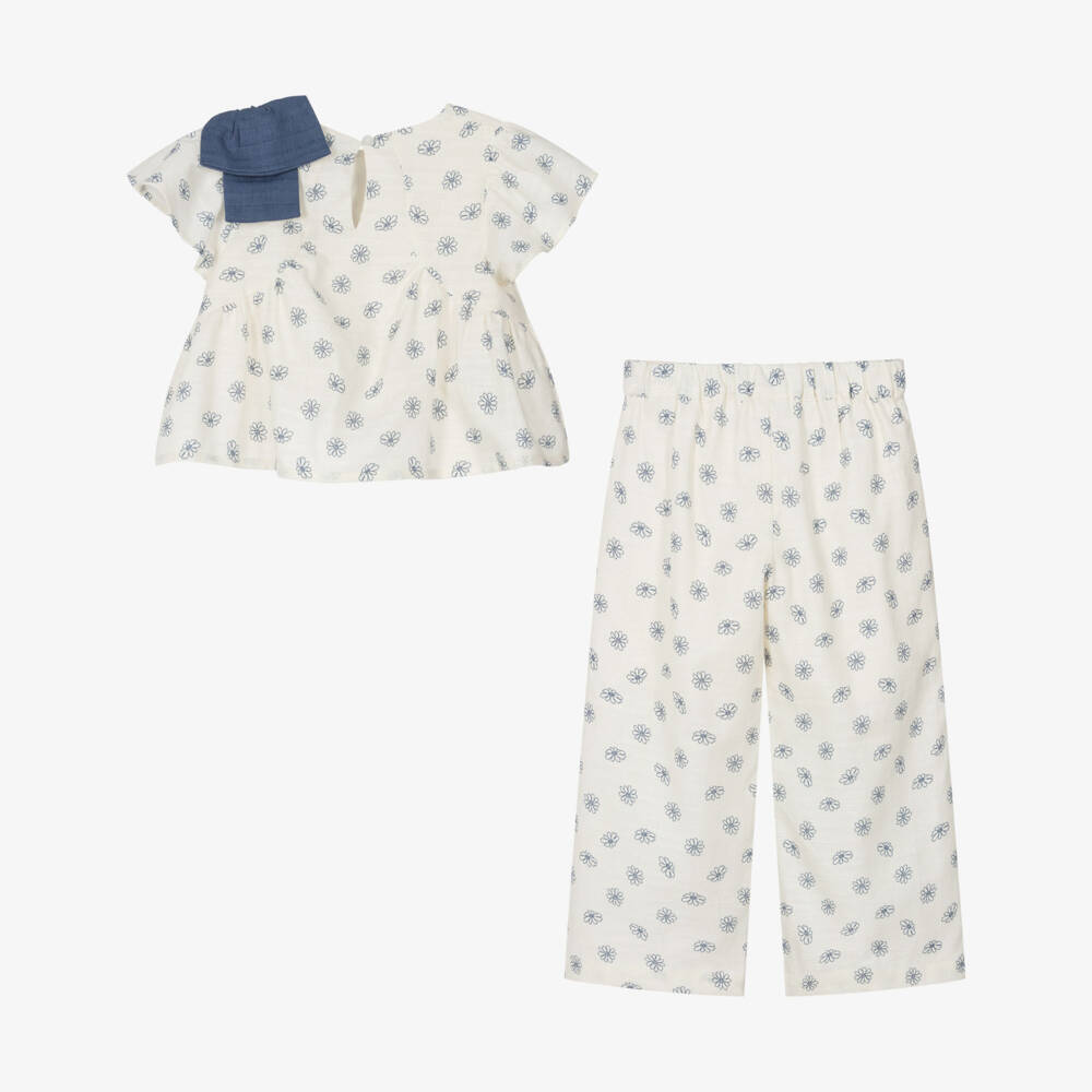 Mayoral-Ivory Blue Embroidered Flower Trouser Set | Childrensalon Outlet