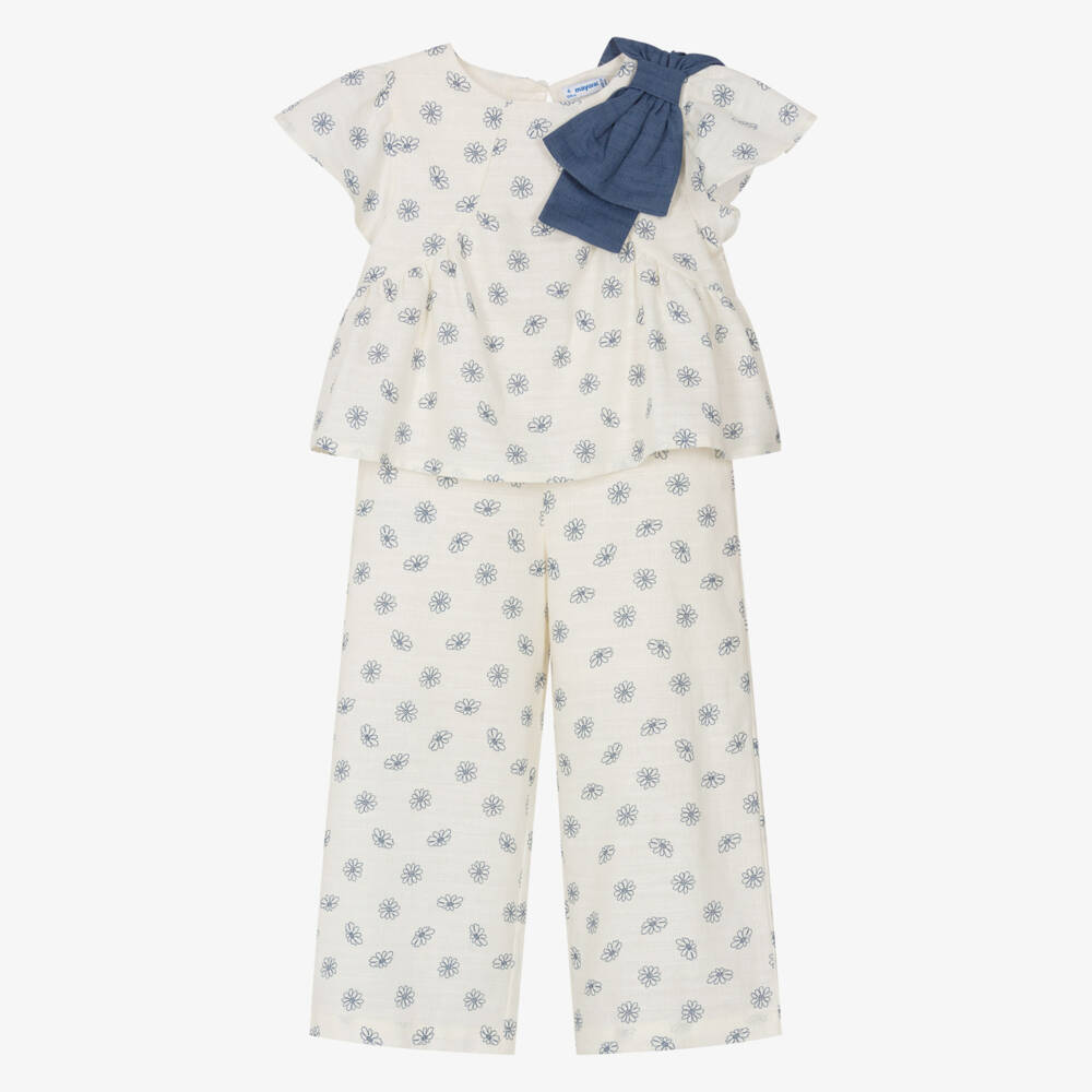 Mayoral-Ivory Blue Embroidered Flower Trouser Set | Childrensalon Outlet