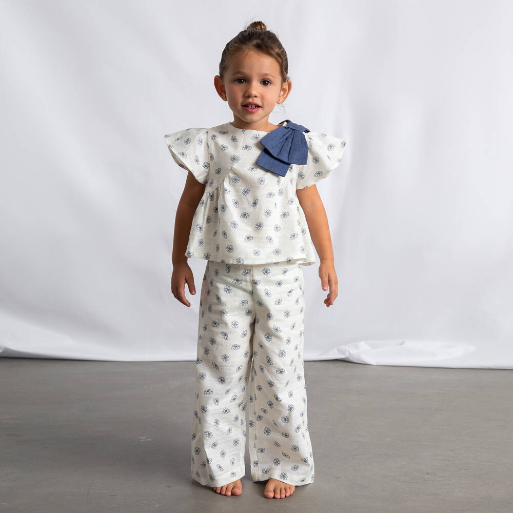 Mayoral-Ivory Blue Embroidered Flower Trouser Set | Childrensalon Outlet