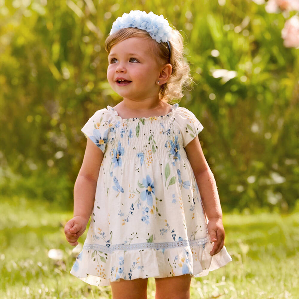 Mayoral-Ivory & Blue Flowers Aop Ss Dress | Childrensalon Outlet