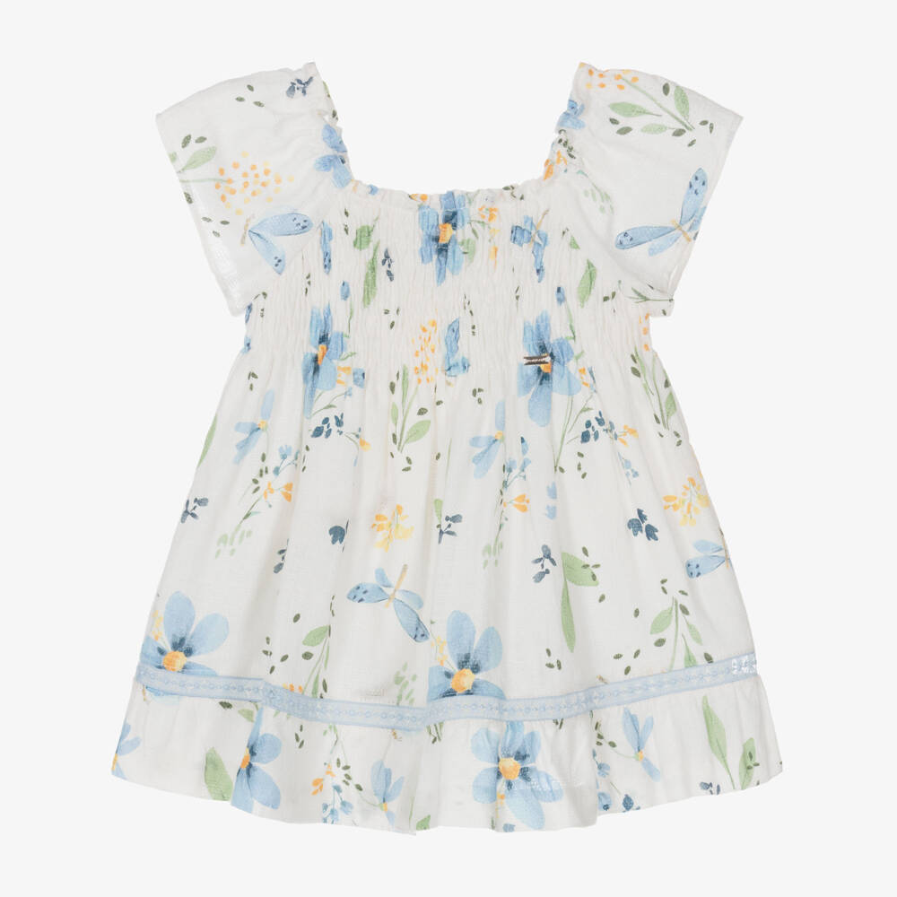 Mayoral-Ivory & Blue Flowers Aop Ss Dress | Childrensalon Outlet