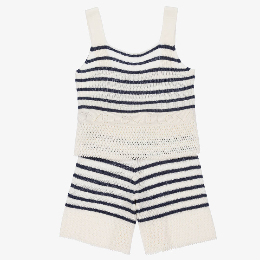Mayoral-Ivory & Blue Knitted Striped Shorts Set | Childrensalon Outlet