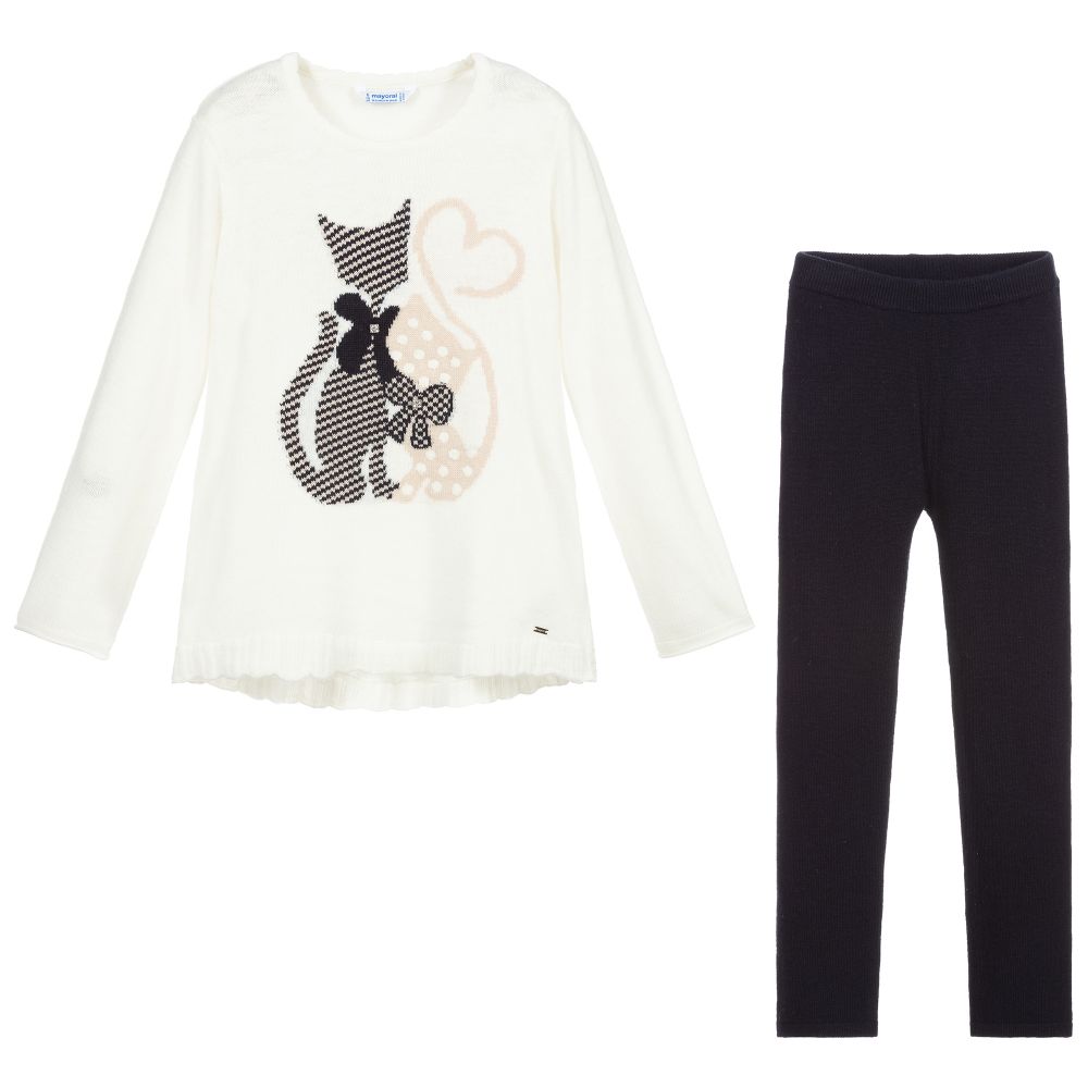 Mayoral-ليغنغز وتوب مزيج أكريليك وصوف محبوك لون عاجي وكحلي | Childrensalon Outlet