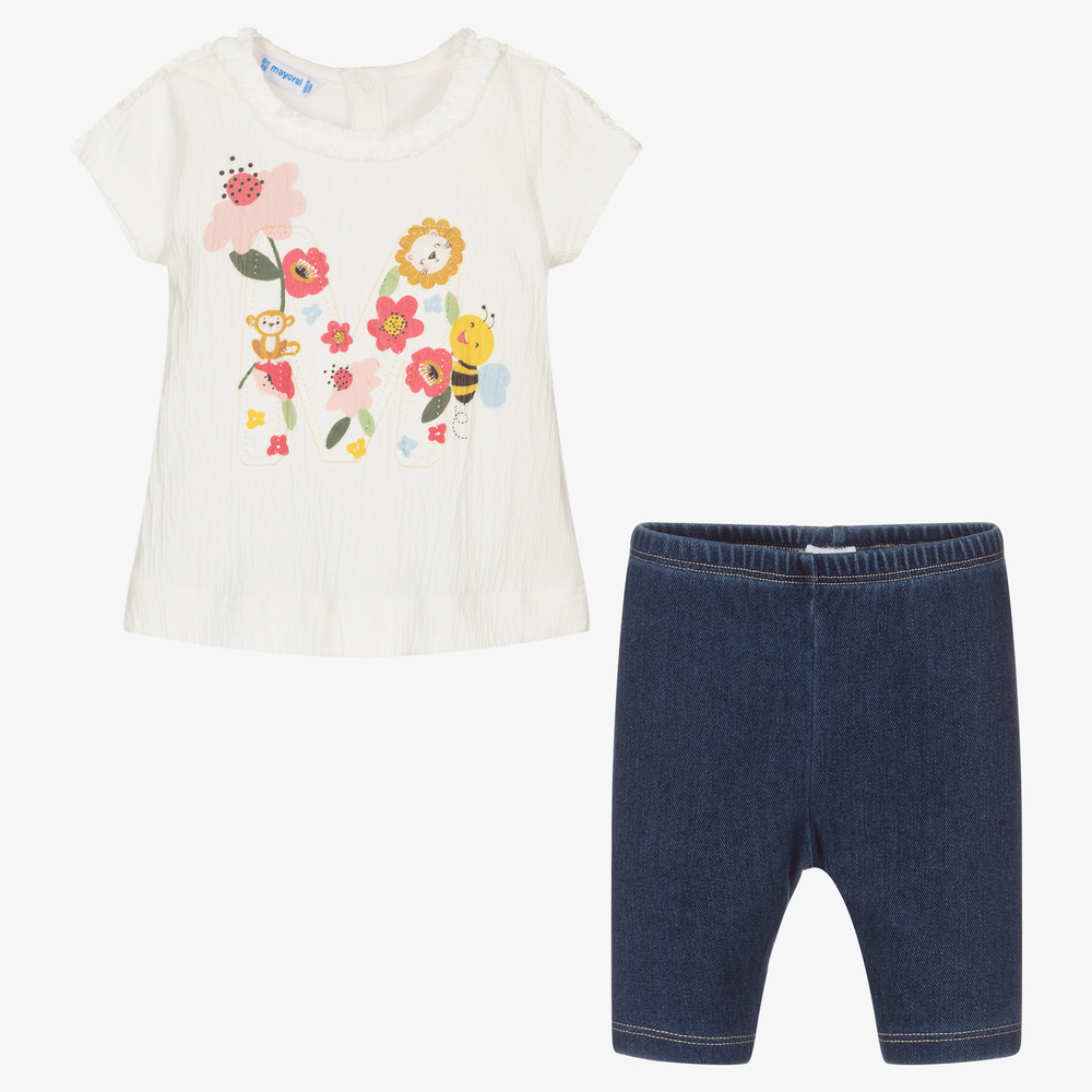 مايورال-طقم ليغنغز أطفال بناتي قطن جيرسي لون عاجي وأزرق | Childrensalon Outlet