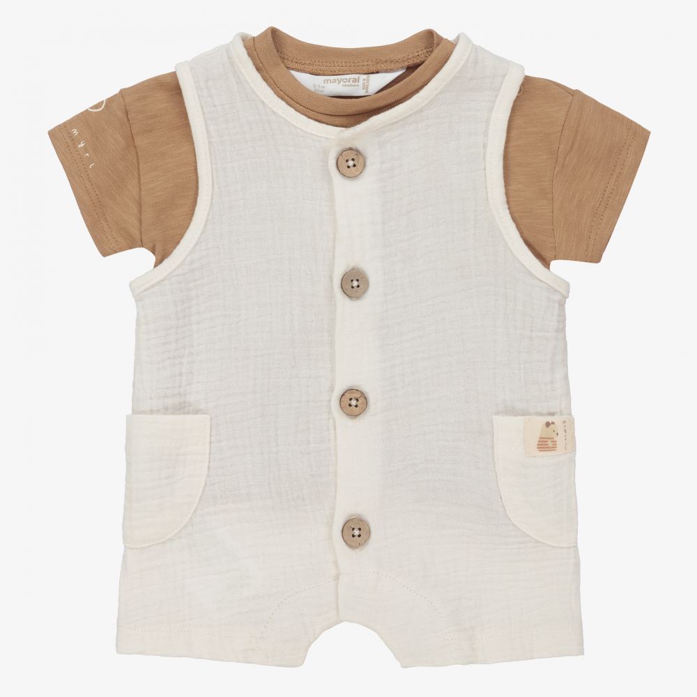 Mayoral Для новорожденных-Коричневая футболка и кремовый песочник | Childrensalon Outlet