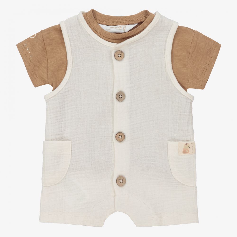 Mayoral Newborn - Ivory & Brown Shortie Set | Childrensalon