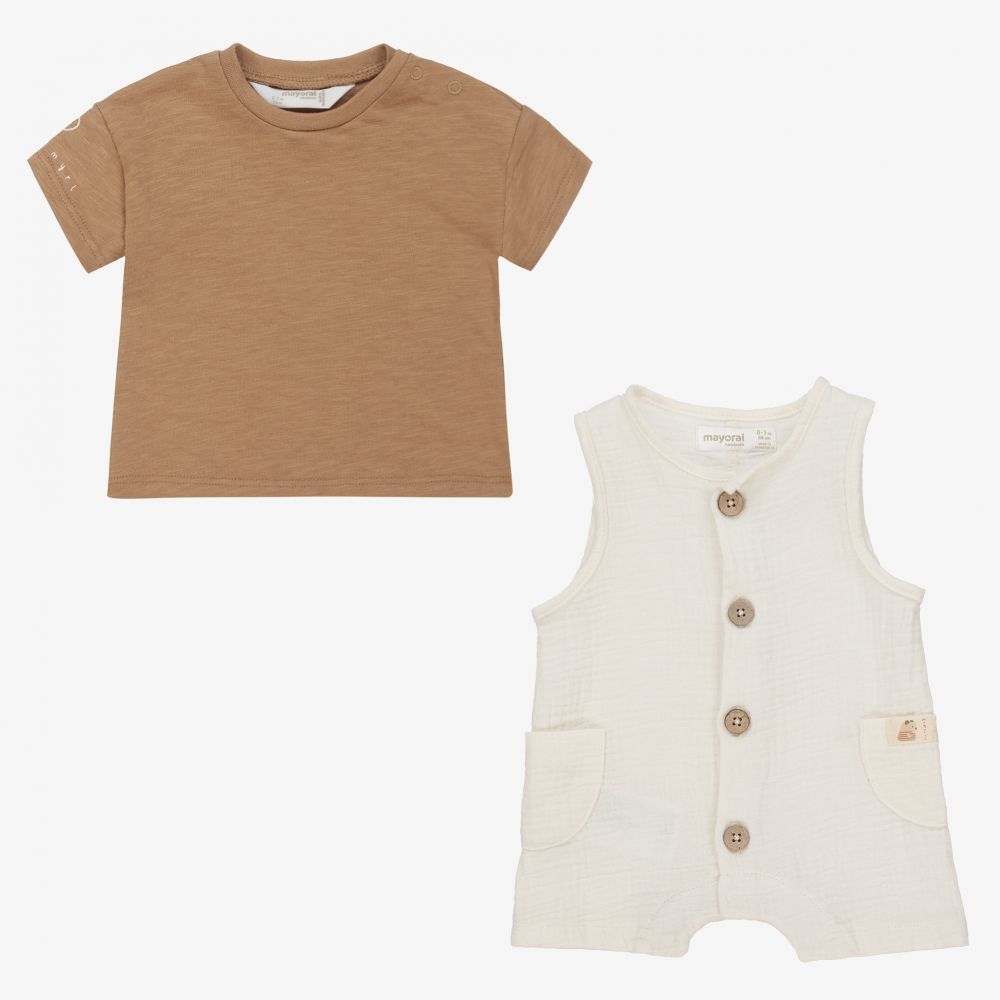 Mayoral Newborn-طقم تبّان قطن لون عاجي وبني للمواليد | Childrensalon Outlet