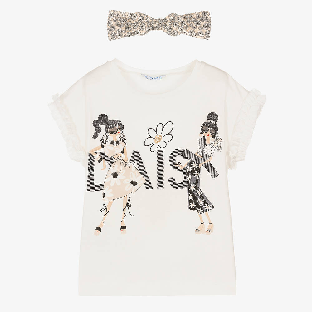 Mayoral - T-shirt et bandeau ivoire Daisy | Childrensalon