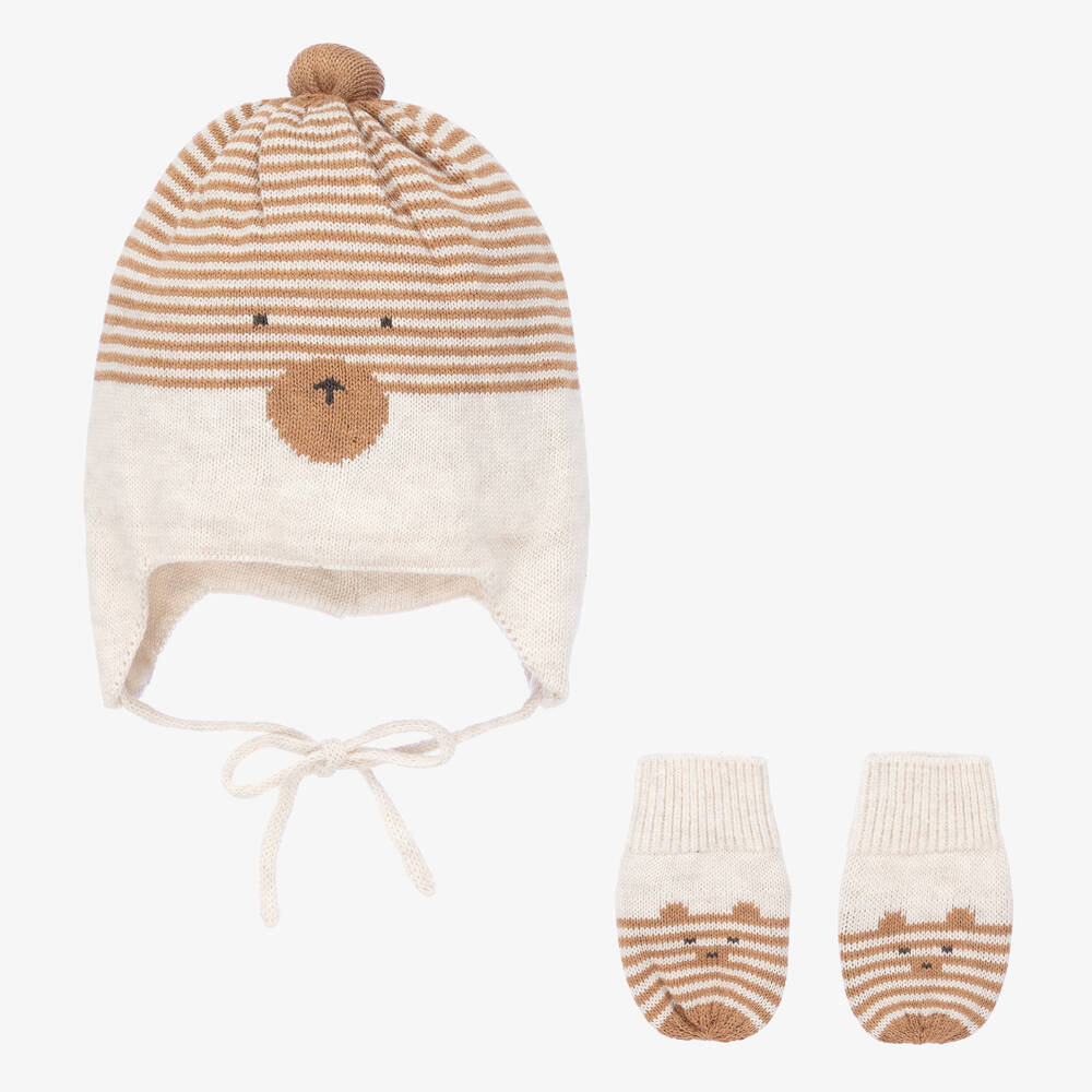 Mayoral Newborn - Bonnet et moufles ivoire en coton | Childrensalon