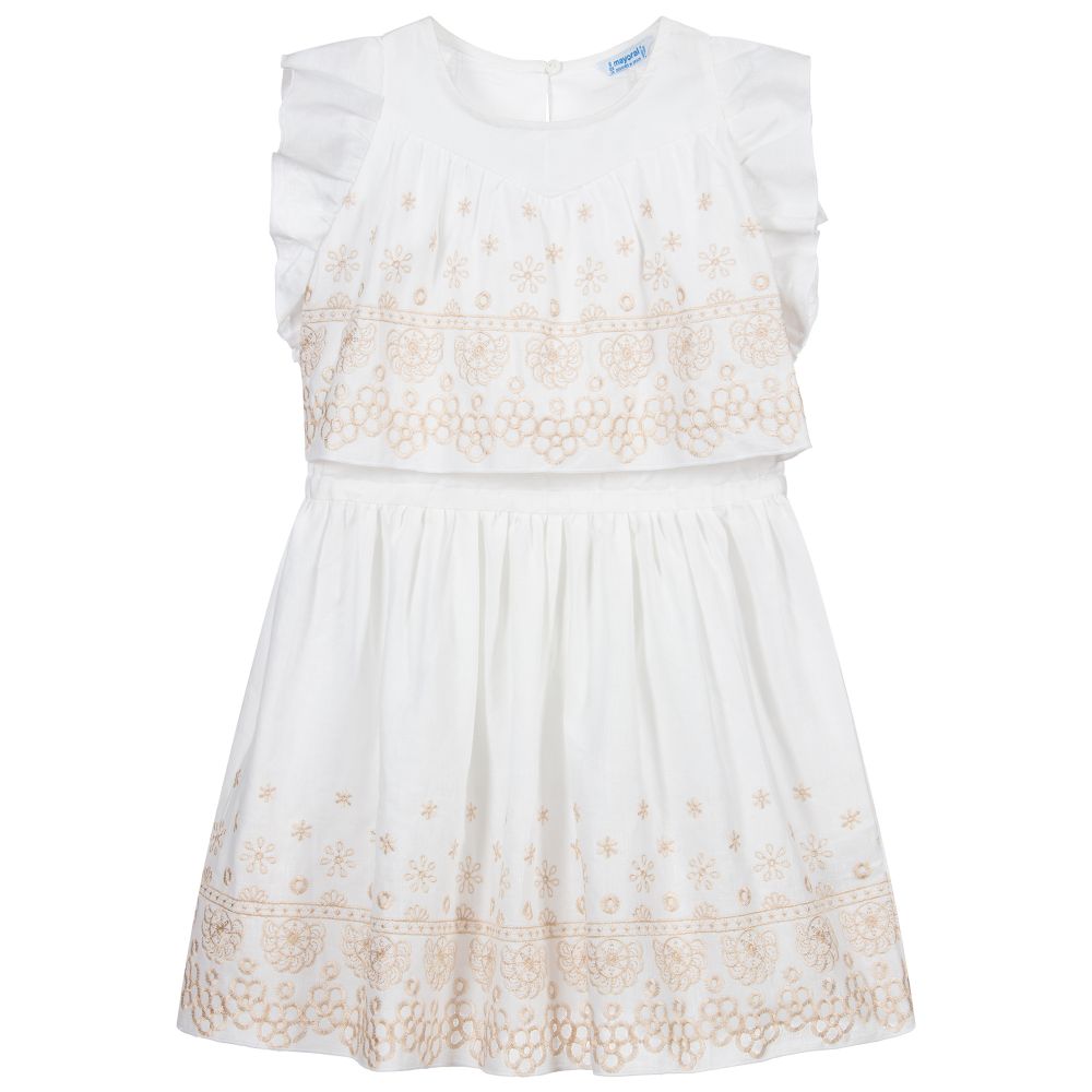 Mayoral Ivory & Gold Embroidered Dress Childrensalon Outlet