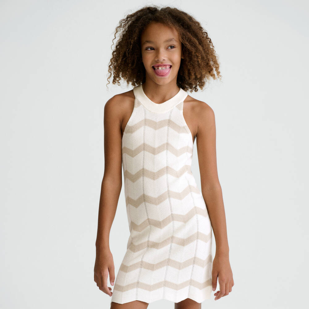Mayoral-Ivory & Gold Stripe Knit Dress | Childrensalon Outlet