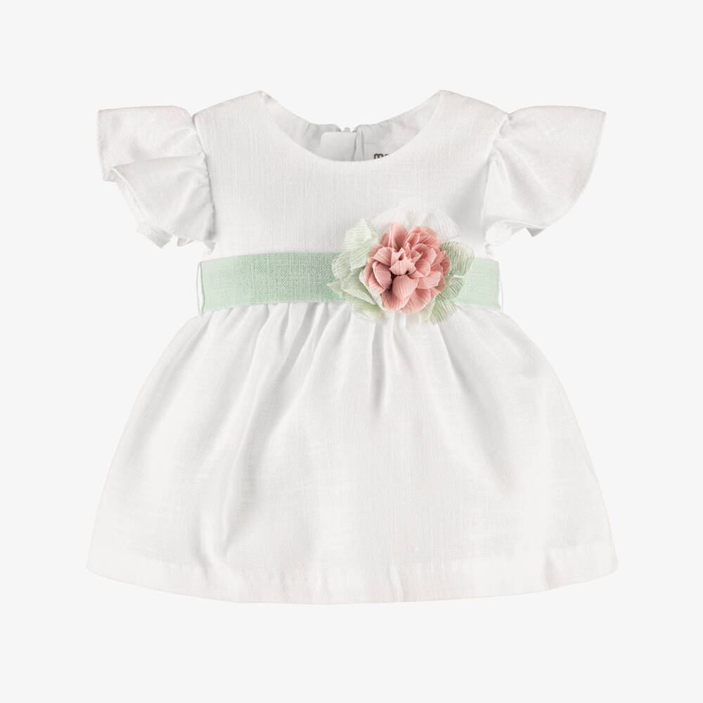 Mayoral Newborn-Ivory & Green Linen Dress | Childrensalon Outlet