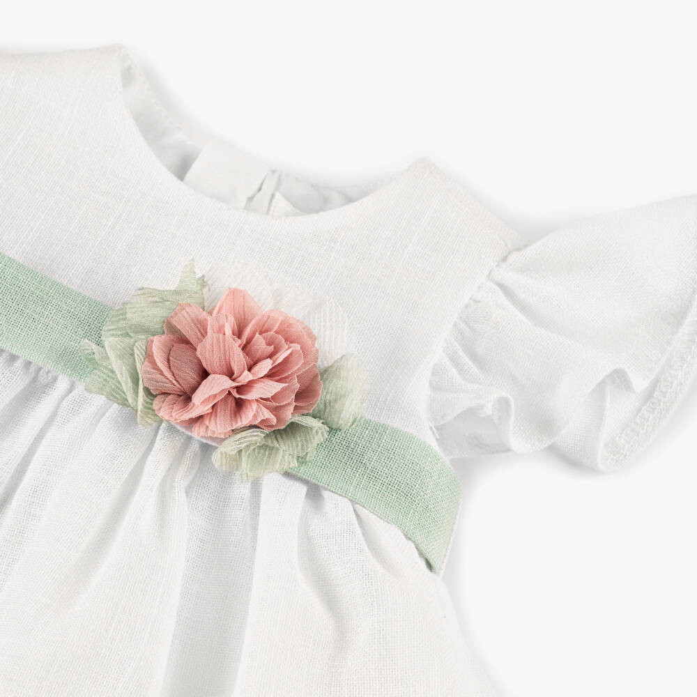 Mayoral Newborn-Ivory & Green Linen Dress | Childrensalon Outlet