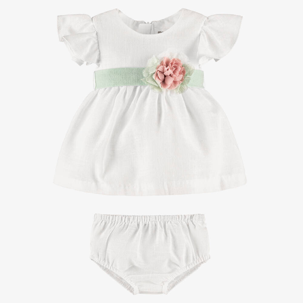 Mayoral Newborn-Ivory & Green Linen Dress | Childrensalon Outlet