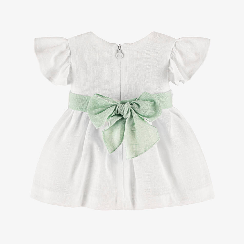 Mayoral Newborn-Ivory & Green Linen Dress | Childrensalon Outlet