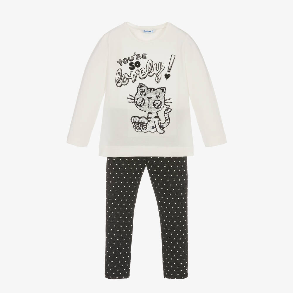 Mayoral - Ivory & Grey Cat Leggings Set | Childrensalon