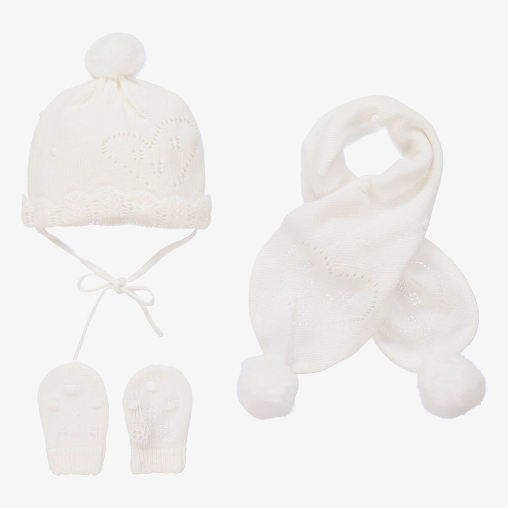 Mayoral Newborn-طقم قبعة مزيج قطن محبوك لون عاجي للمولودات | Childrensalon Outlet