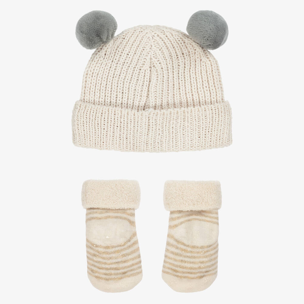 Mayoral Newborn-Ivory Knitted Bear Baby Hat & Booties Set | Childrensalon Outlet