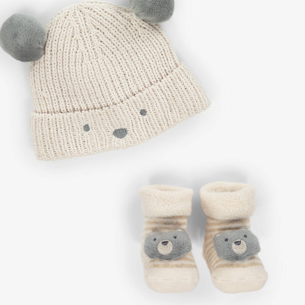 Mayoral Newborn-Ivory Knitted Bear Baby Hat & Booties Set | Childrensalon Outlet