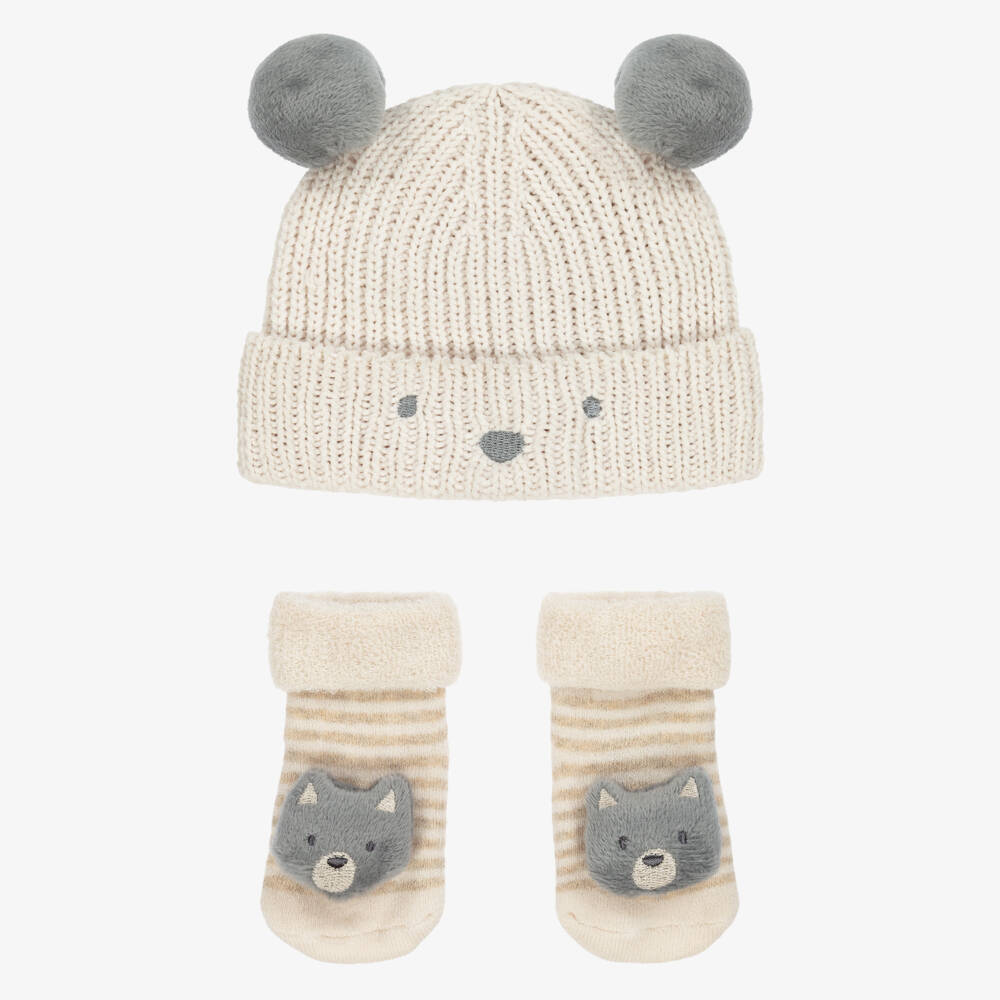 Mayoral Newborn-Ivory Knitted Bear Baby Hat & Booties Set | Childrensalon Outlet