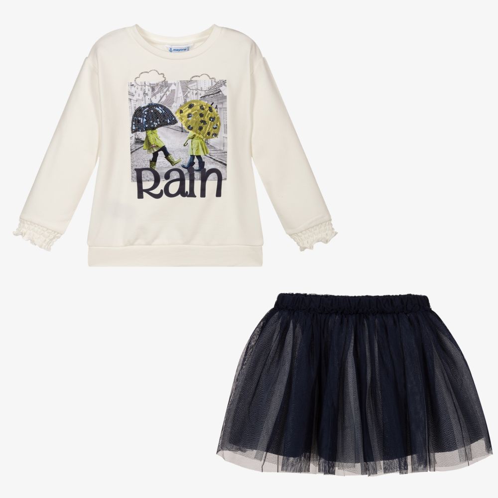 مايورال-طقم تنورة قطن جيرسي وتول لون عاجي وكحلي | Childrensalon Outlet