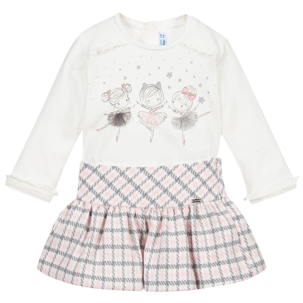 Mayoral - Ivory & Pink Check Skirt Set | Childrensalon