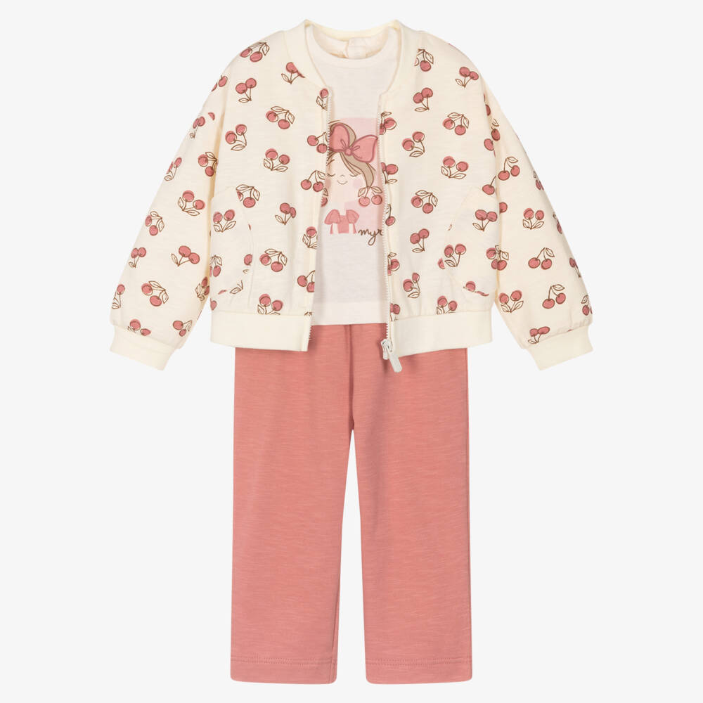 Mayoral-Ivory & Pink Cherries Leggings Set (3psc) | Childrensalon Outlet