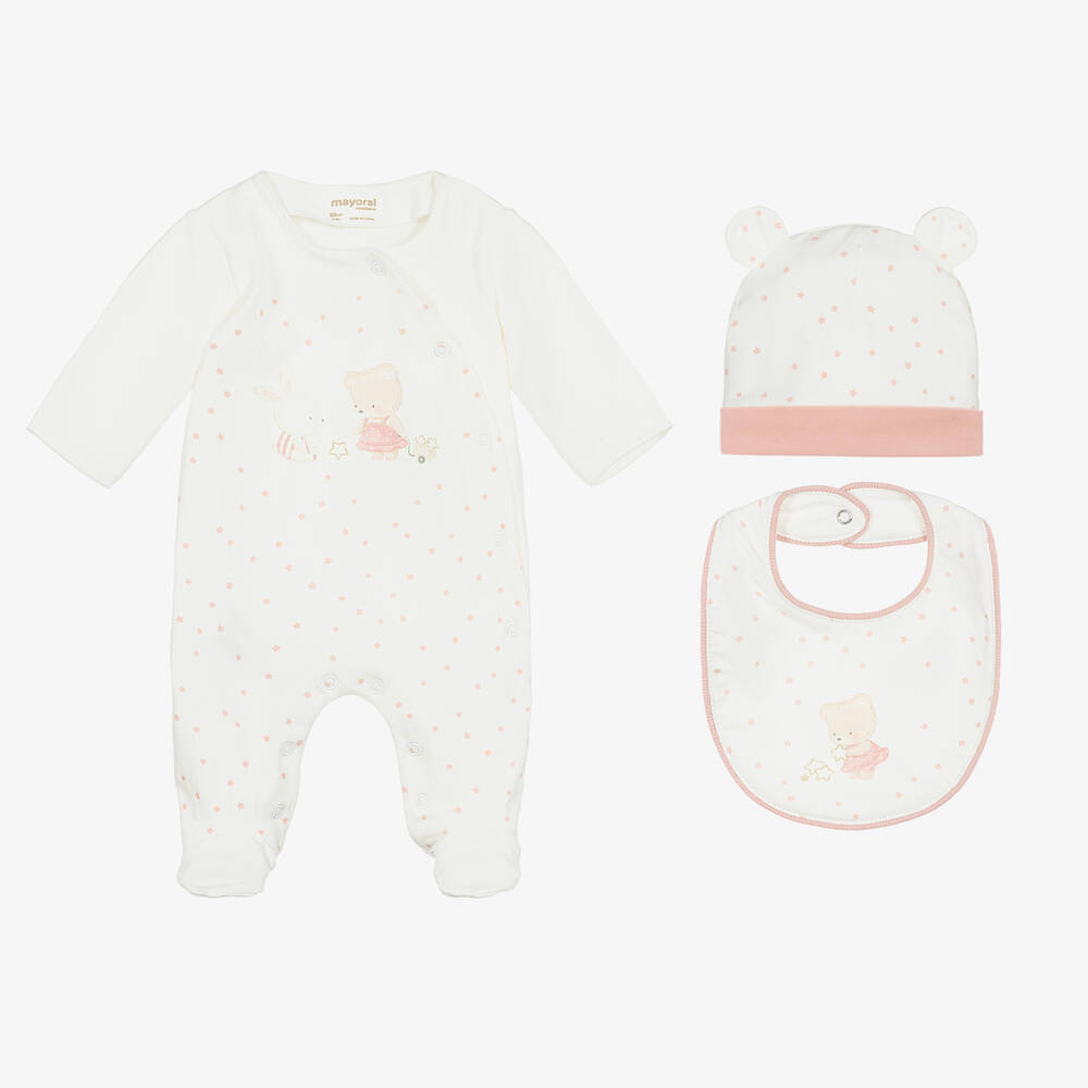 Mayoral-Ivory & Pink Cotton Babygrow Set | Childrensalon Outlet