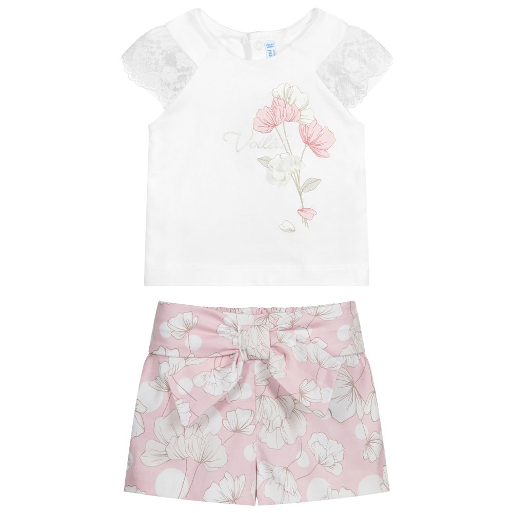 Mayoral-طقم شورت وتوب قطن لون عاجي وزهري بطبعة ورود | Childrensalon Outlet
