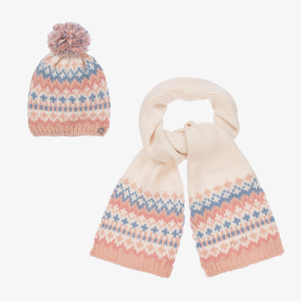 Mayoral - Ivory & Pink Knitted Hat Set | Childrensalon