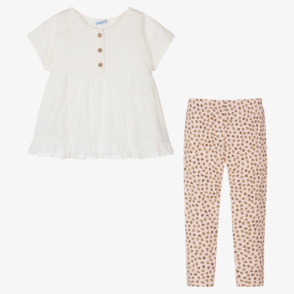Mayoral-طقم ليغنغز قطن جيرسي لون زهري وعاجي للبنات | Childrensalon Outlet