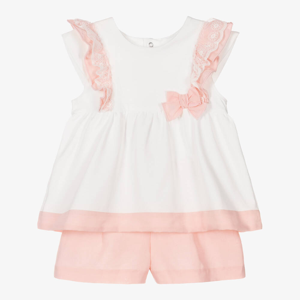 Mayoral-Кремовый и розовый льняной комплект шорт для детей | Childrensalon Outlet
