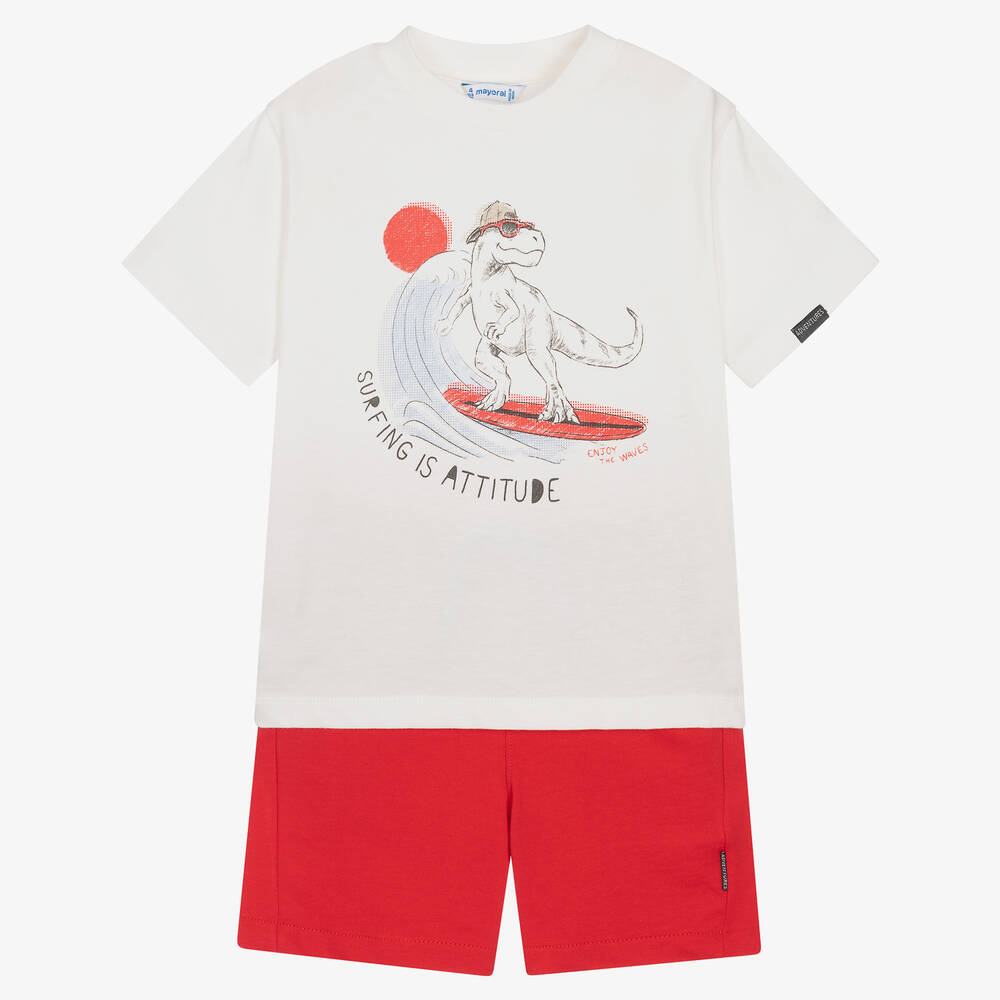 Mayoral - Кремовая футболка с динозавром и красные шорты из хлопка | Childrensalon