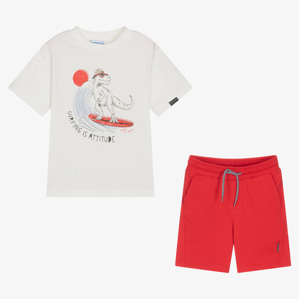 Mayoral-Ivory & Red Cotton Dinosaur Shorts Set | Childrensalon Outlet