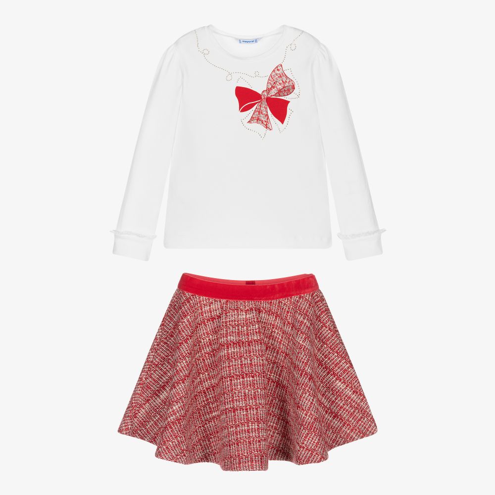 مايورال-طقم تنورة قطن جيرسي لون عاجي وأحمر | Childrensalon Outlet