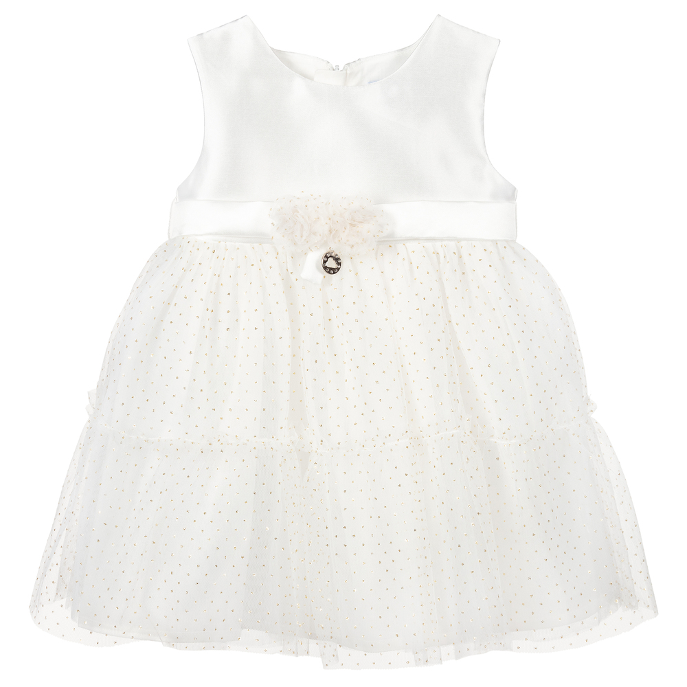 Mayoral - Ivory Satin & Gold Tulle Dress | Childrensalon