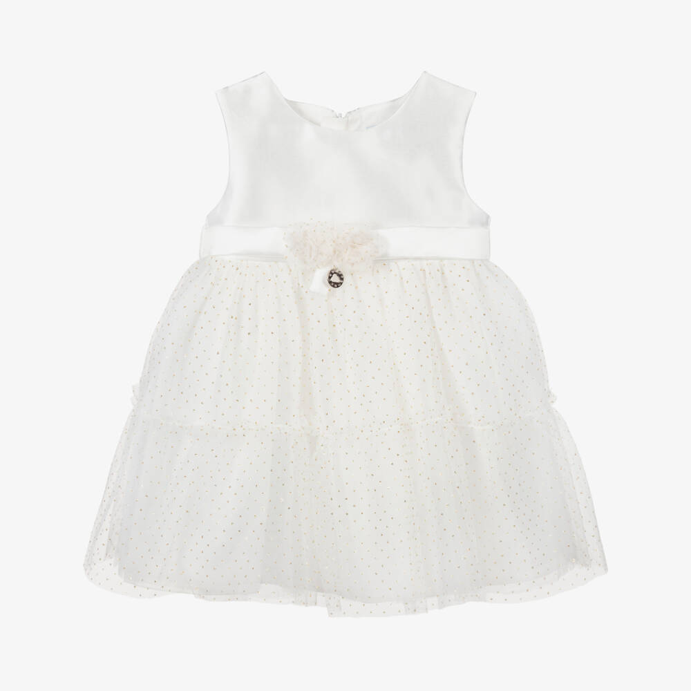Mayoral-Ivory Satin & Gold Tulle Dress | Childrensalon Outlet