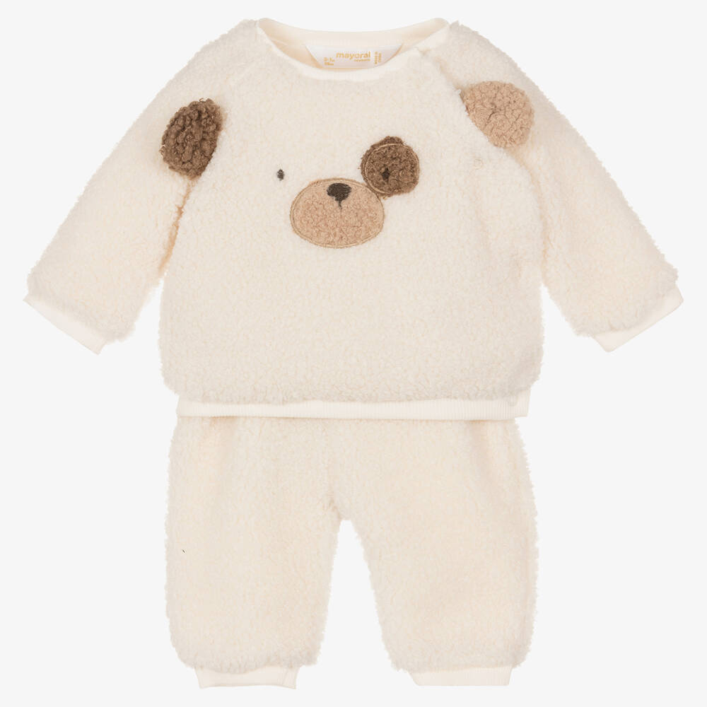 Mayoral - Ivory Teddy Fleece Baby Trouser Set | Childrensalon