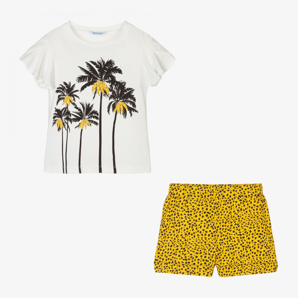 Mayoral-طقم شورت قطن جيرسي مستدام لون عاجي وأصفر للبنات | Childrensalon Outlet