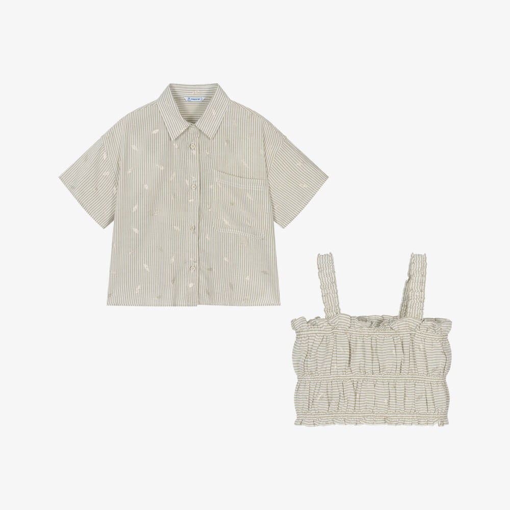 Mayoral-Khaki Leaf-Accent Blouse Ensemble | Childrensalon Outlet