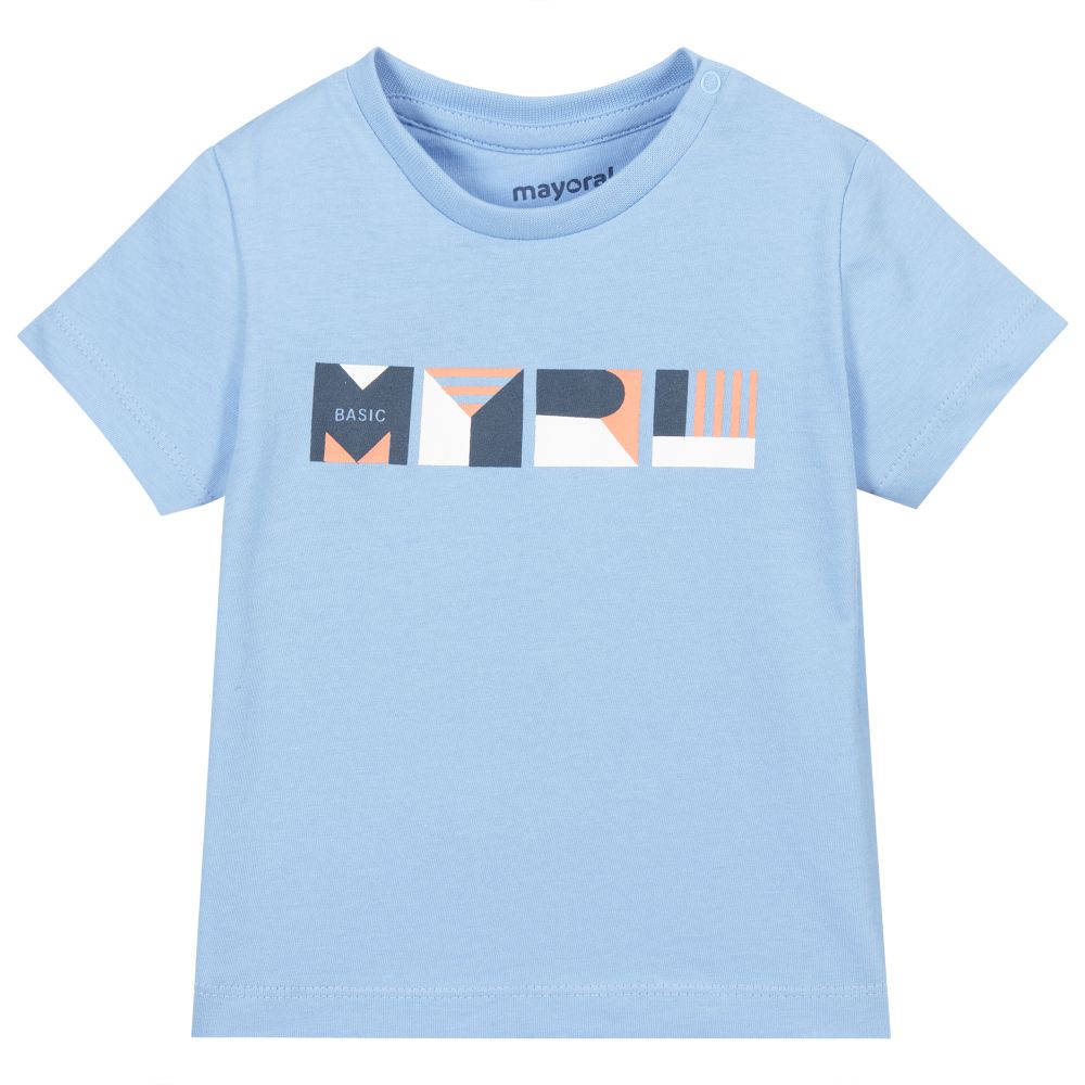 Mayoral - T-shirt bleu clair en coton à logo | Childrensalon