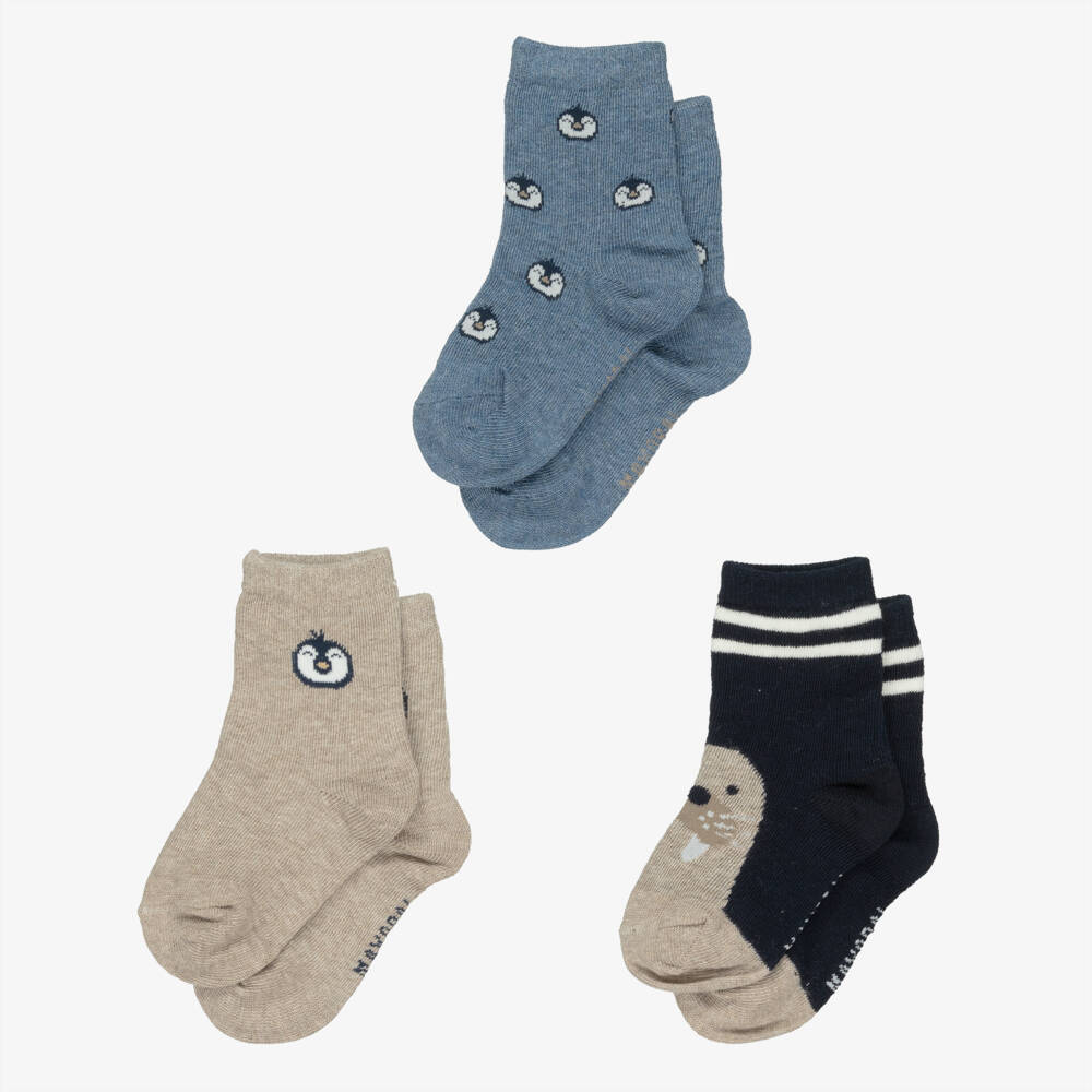 Mayoral-Navy Blue & Beige Penguin & Seal Socks (3 Pack) | Childrensalon Outlet