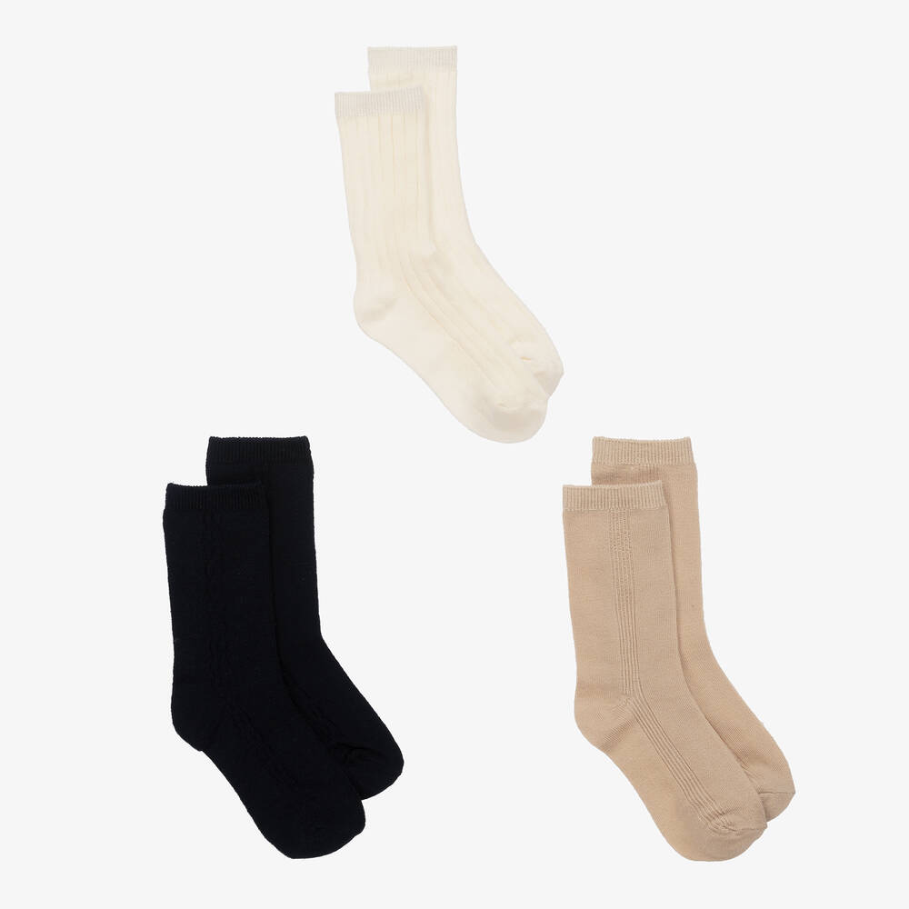 Mayoral-Navy Blue & Beige Ribbed Ankle Socks (3 Pack) | Childrensalon Outlet
