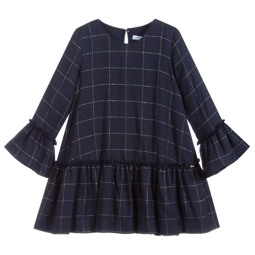 Mayoral - Navy Blue & Gold Check Dress | Childrensalon